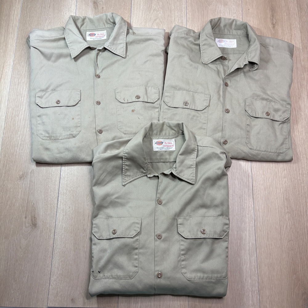 LOT OF 3 Dickies Mens XL Tall Khaki Tan Long Sleeve Button Up Work Shirts Twill